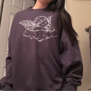 PacSun Angel Graphic Pullover Cotton Crewneck Dark Grey Faded One Size Large